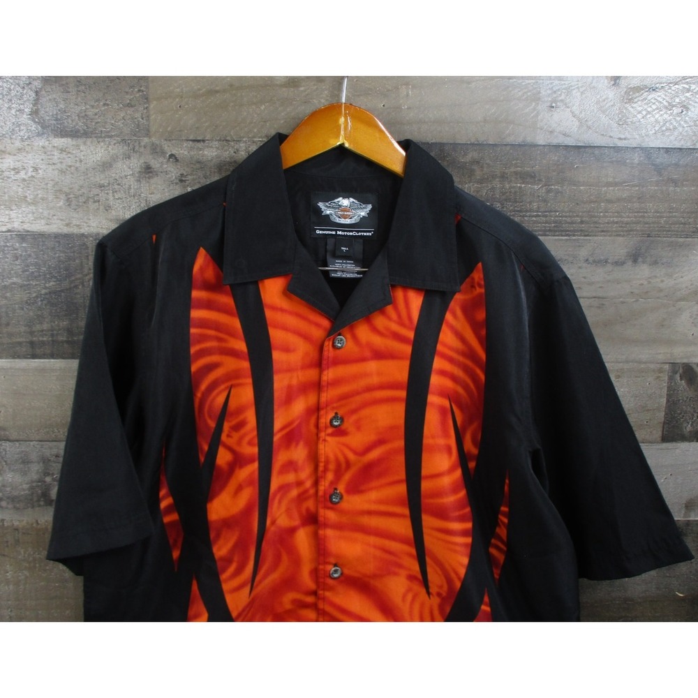 Harley-Davidson Button Up Mens Large Tall Black Orange Flame Bowling Shirt Fire